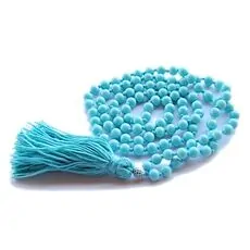 Designer 108 Beads Long Knotted Mala Necklace - Caribbean Blue Beads - Yoga Gift - Yoga Trader exclusive