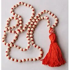 Wood and Cotton - Long Knotted Wood Mala Necklace with Orange Cotton Tassel - Yoga Trader exclusive