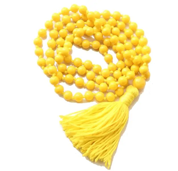 Chakra Designer Collection - Long Knotted Yellow Mala Necklace with Yellow Cotton Tassel