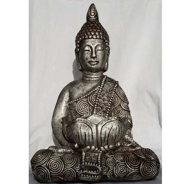 Antique Silver Buddha Plaster Statue - 16 inches tall