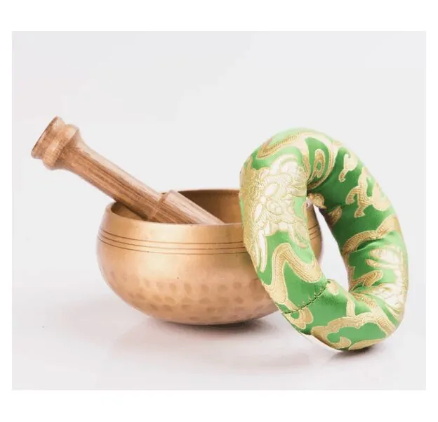 Hand Hammered Tibetan Singing Bowl Used For Chakra Healing With Wooden Mallet And Silk Pillow