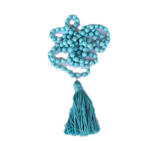 Designer 108 Beads Long Knotted Mala Necklace - Caribbean Blue Beads - Yoga Gift - Yoga Trader exclusive